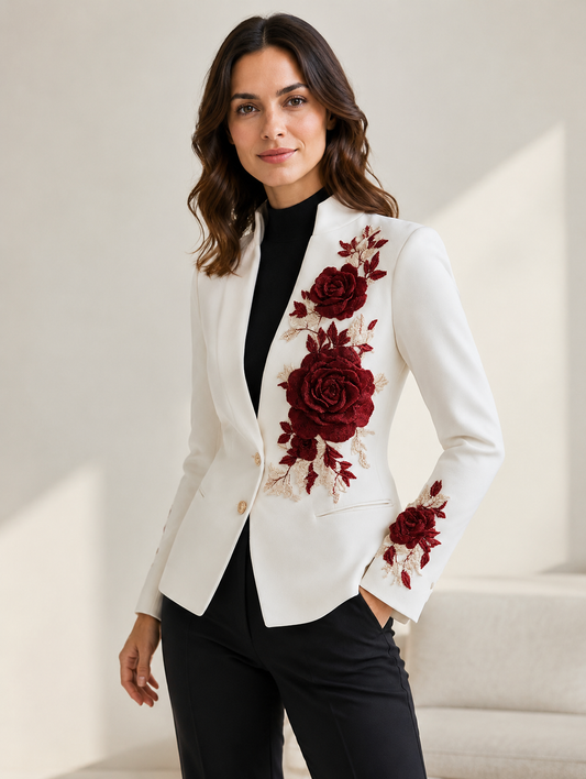 White Rose Embroidered Stand-Collar Blazer