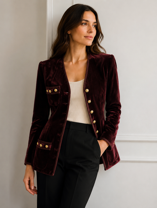 Burgundy Velvet Multi-Button Blazer