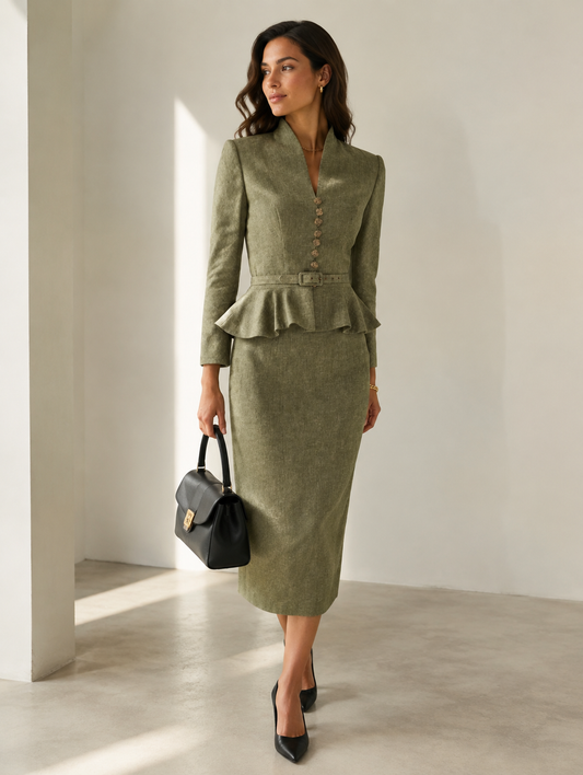 Olive Green Peplum Belted Mandarin Skirt Suit