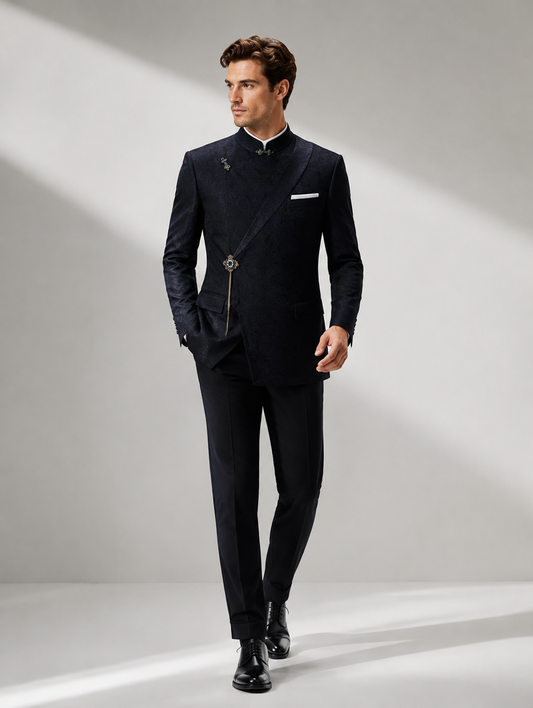 Black Asymmetric Mandarin Jacket with Sash