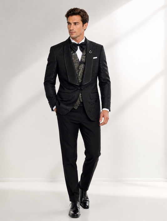 Black Paisley Shawl Lapel Suit with Vest