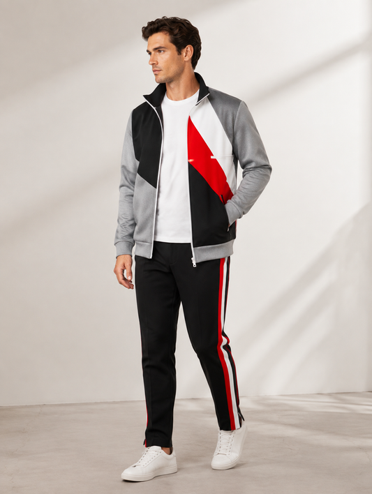 Black Grey Red Color-Block Zip Blazer