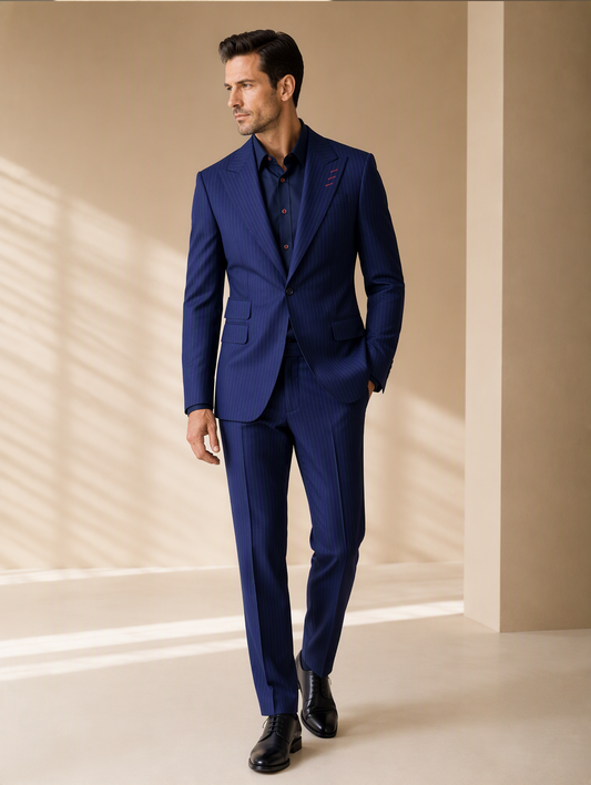 Navy Pinstripe Peak Lapel Business Suit