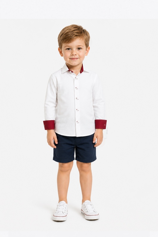 White Burgundy Contrast Collar Kids Shirt