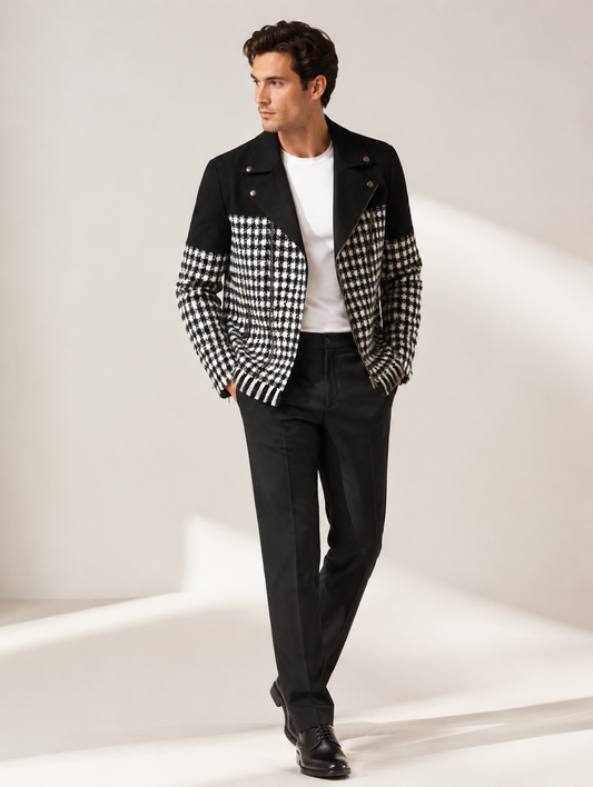 Black White Houndstooth Fringe Biker Blazer