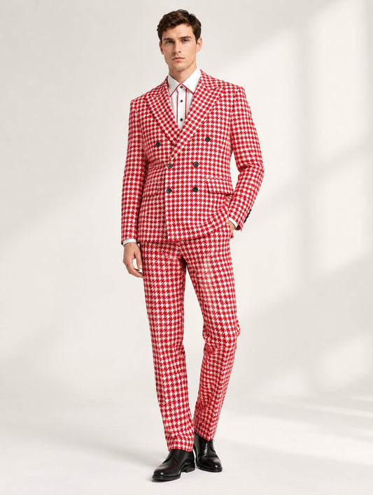 Red-White Houndstooth Double-Breasted Suit with Shirt