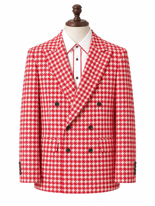 Red-White Houndstooth Double-Breasted Suit with Shirt