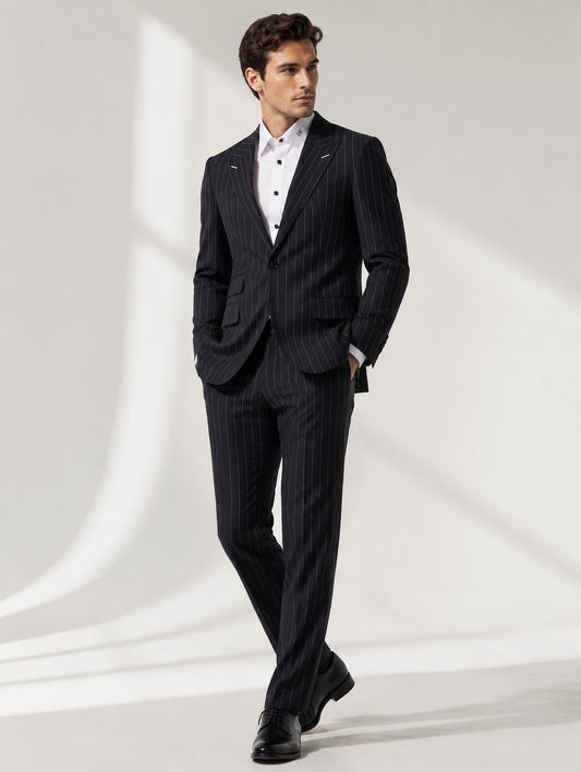 Black Pinstripe Peak Lapel Suit
