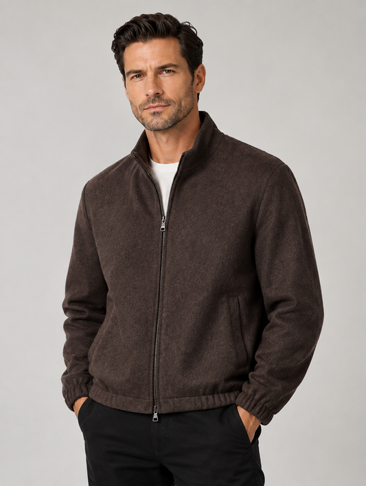 Brown Zip-Up Wool Blend Blazer