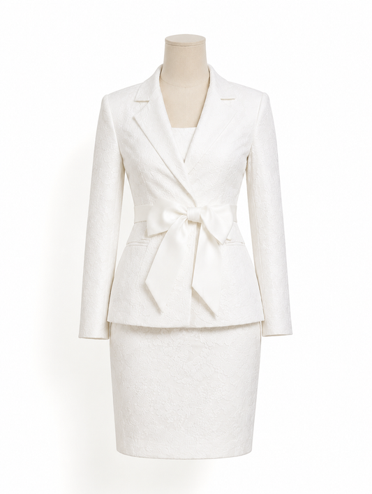 White Jacquard Bow-Waist Skirt Suit