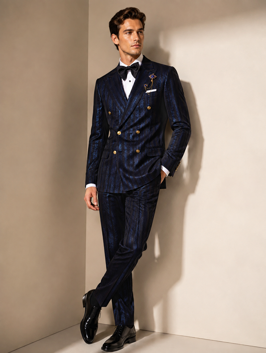 Navy Blue Shimmer Double-Breasted Suit