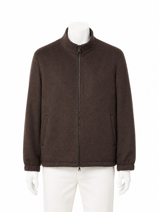 Brown Zip-Up Wool Blend Blazer