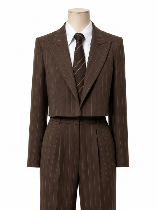 Brown Striped Cropped Blazer Suit
