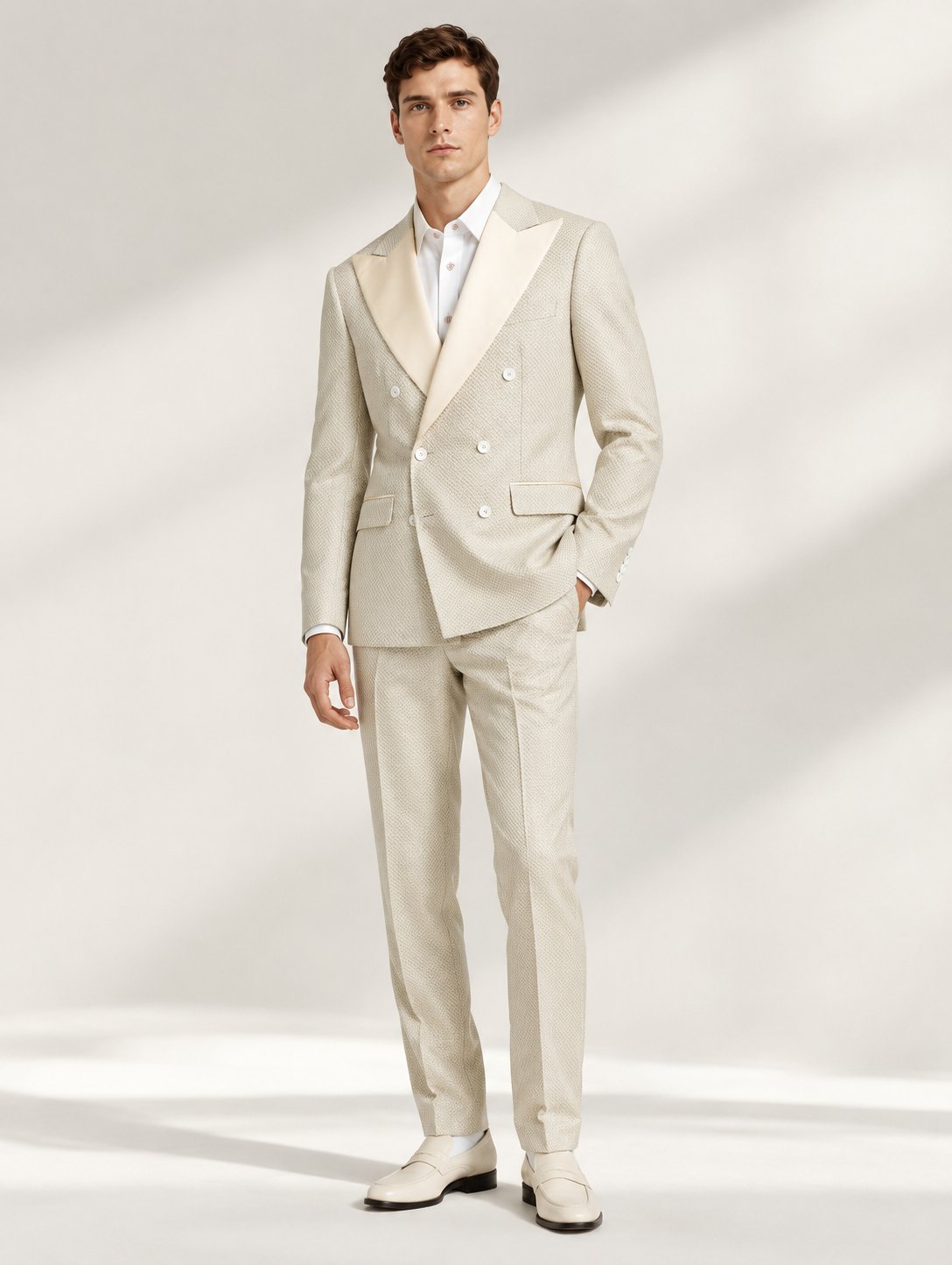 Champagne Jacquard Double-Breasted Tuxedo with Shirt