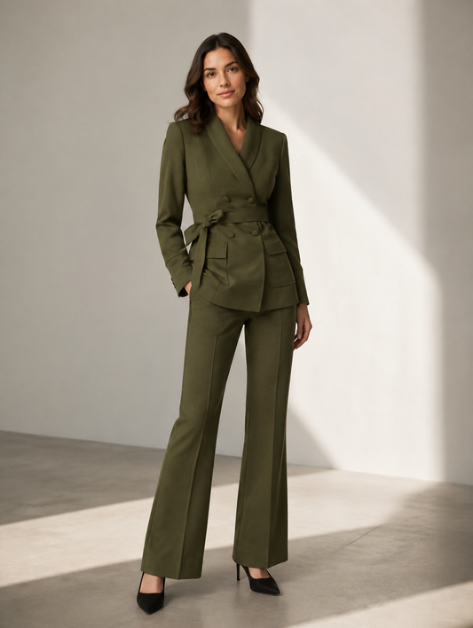Green Double-Breasted Belted Suit
