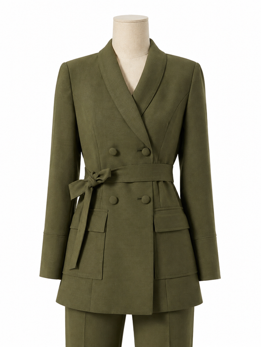 Green Double-Breasted Belted Suit