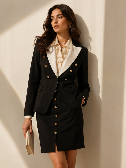 Black & Ivory Double-Breasted Skirt Suit