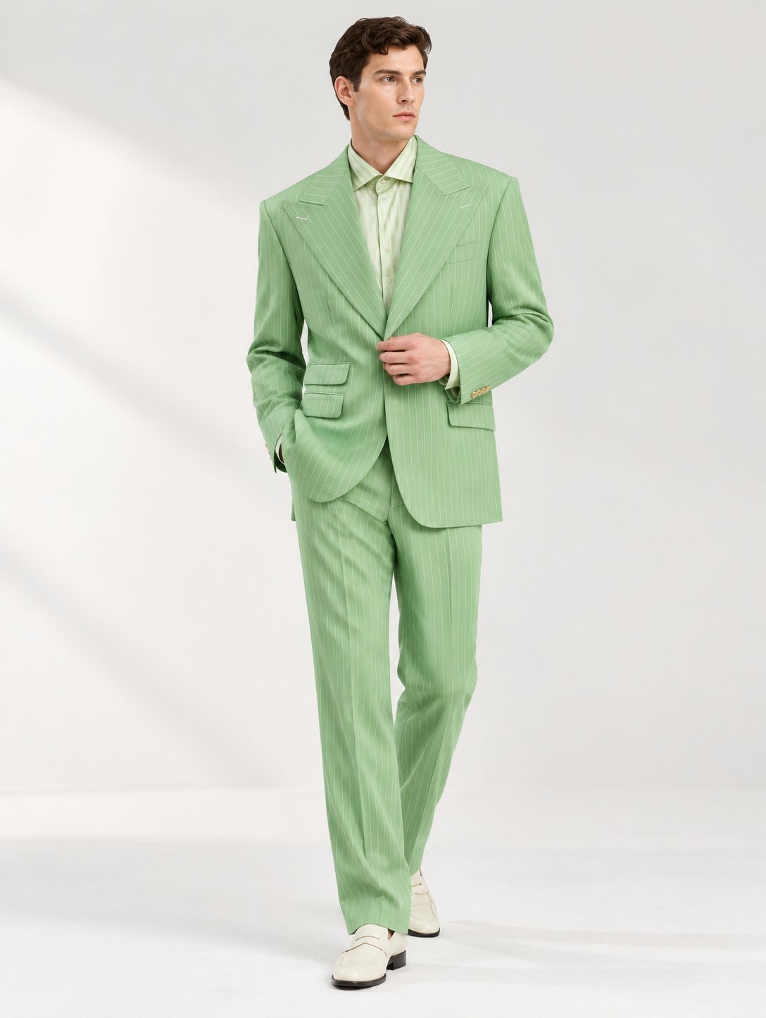 Mint Pinstripe Suit with Silk Shirt