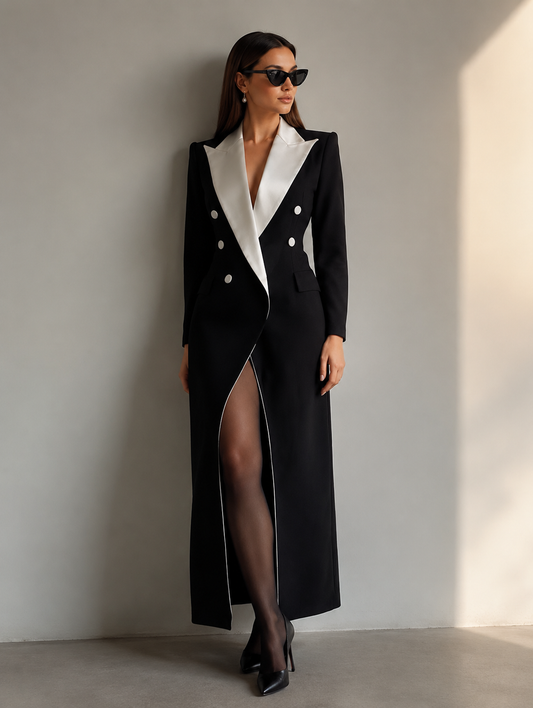 Black Long Tuxedo Coat with White Satin Lapels