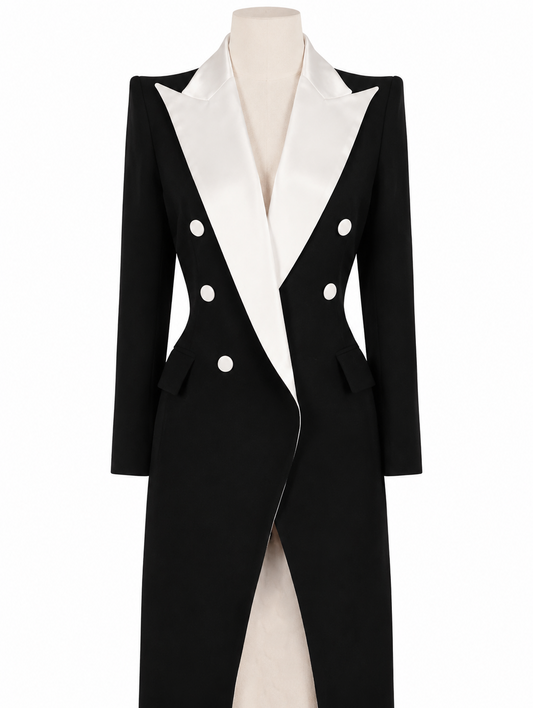 Black Long Tuxedo Coat with White Satin Lapels