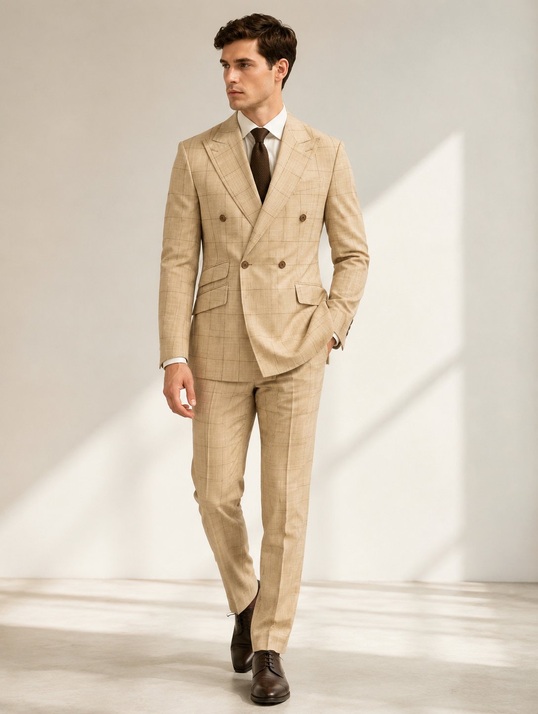 Khaki Windowpane Double-Breasted Two-Piece Suit