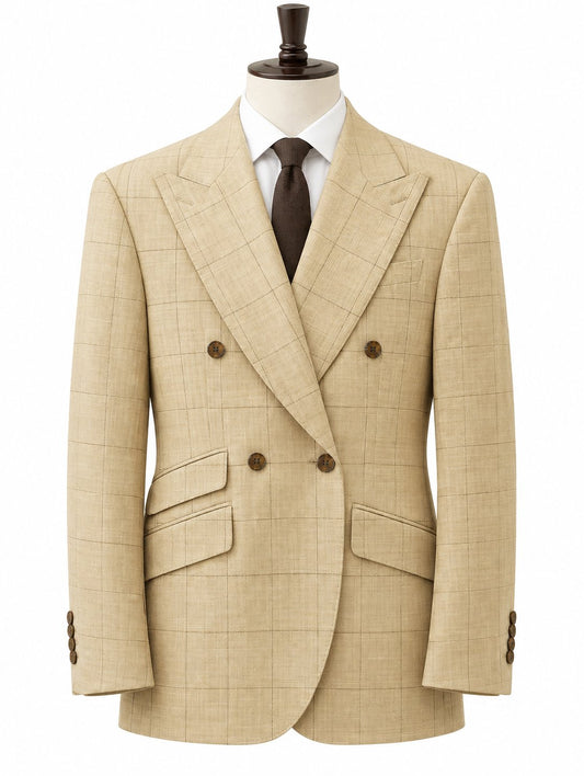 Khaki Windowpane Double-Breasted Two-Piece Suit
