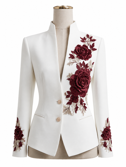 White Rose Embroidered Stand-Collar Blazer