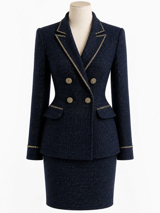 Navy Double-Breasted Tweed Skirt Suit