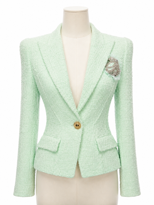 Mint Green Tweed Single-Button Blazer
