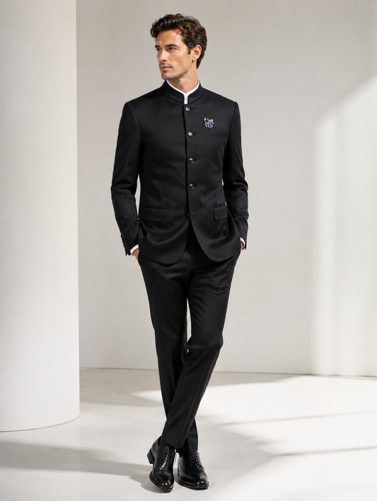 Black Mandarin Collar Four-Button Jacket
