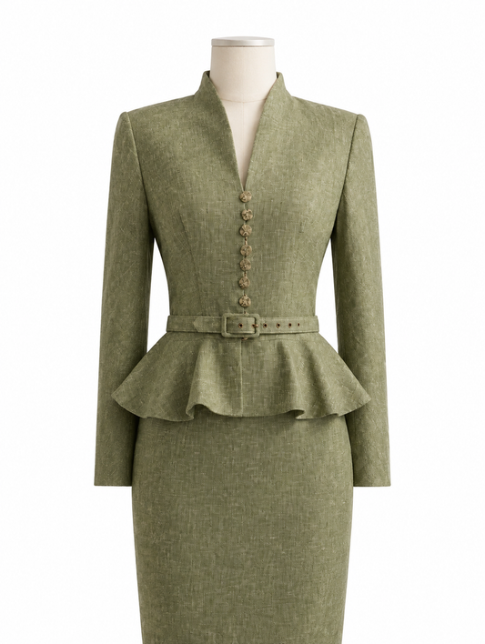 Olive Green Peplum Belted Mandarin Skirt Suit