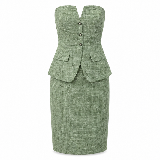 Sage Green Tweed Strapless Peplum Dress