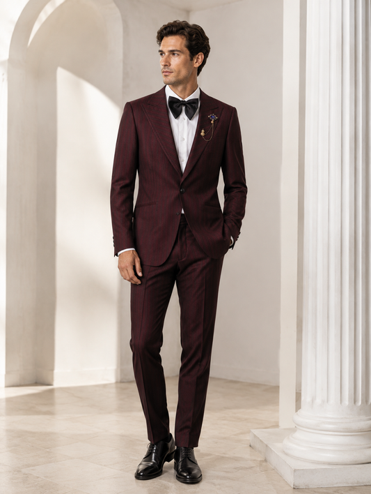 Burgundy Pinstripe Peak Lapel Suit