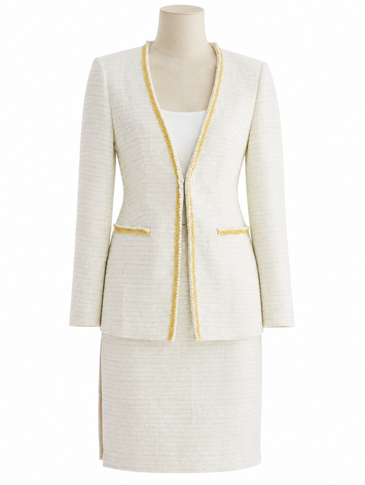 Ivory Tweed Collarless Skirt Suit