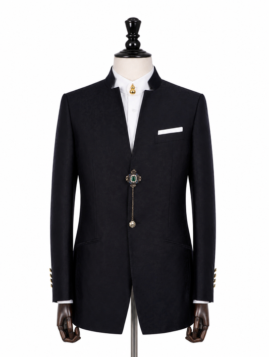 Black Mandarin Jacket with Ornate Brooch
