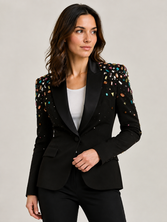 Black Crystal-Embellished Satin-Lapel Blazer
