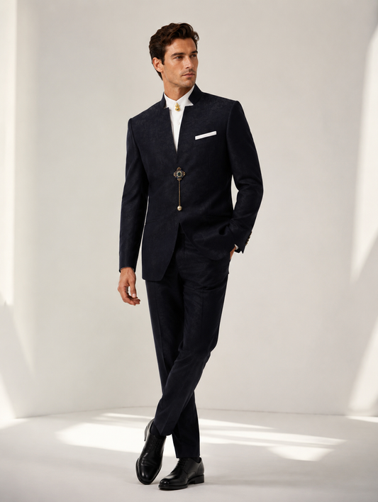 Black Mandarin Jacket with Ornate Brooch