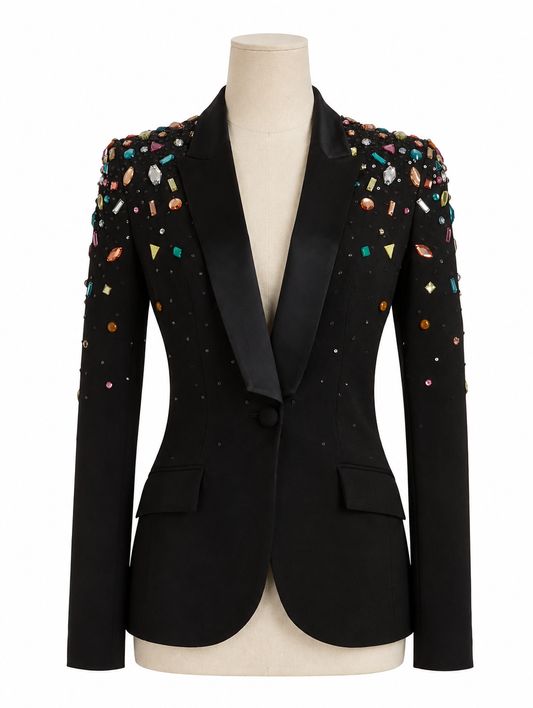Black Crystal-Embellished Satin-Lapel Blazer