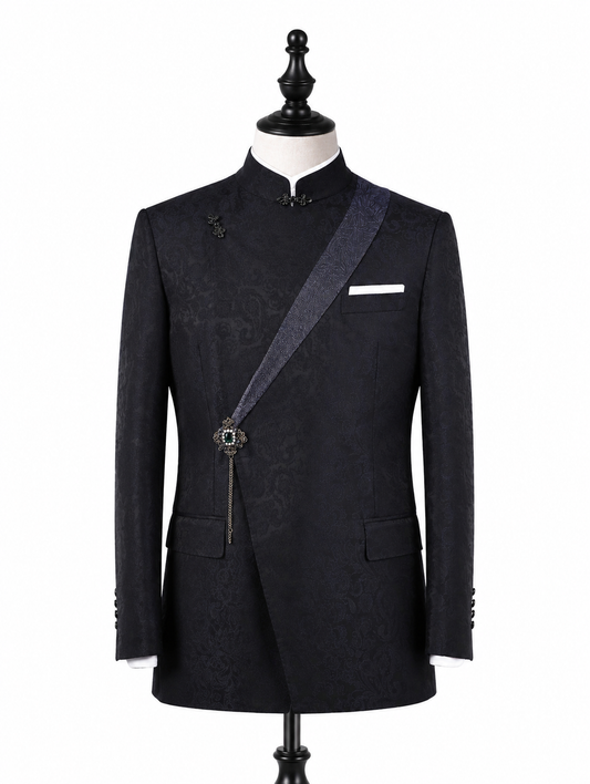 Black Asymmetric Mandarin Jacket with Sash