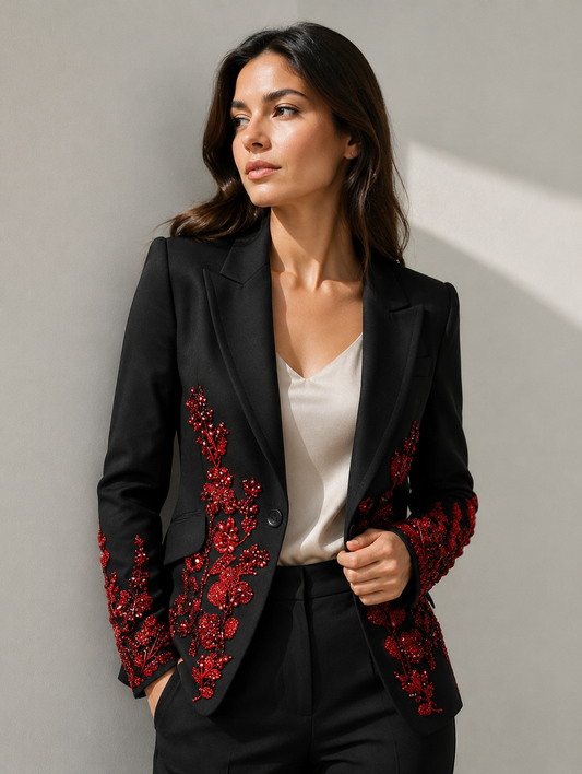 Black Red Floral Beaded Blazer