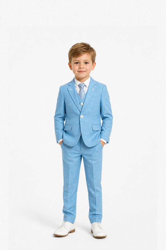 Light Blue Linen Three-Piece Kids Suit