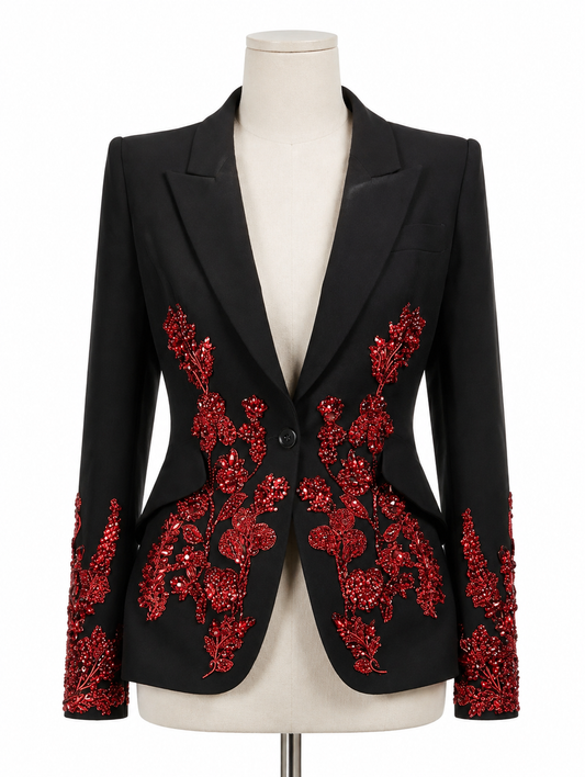 Black Red Floral Beaded Blazer