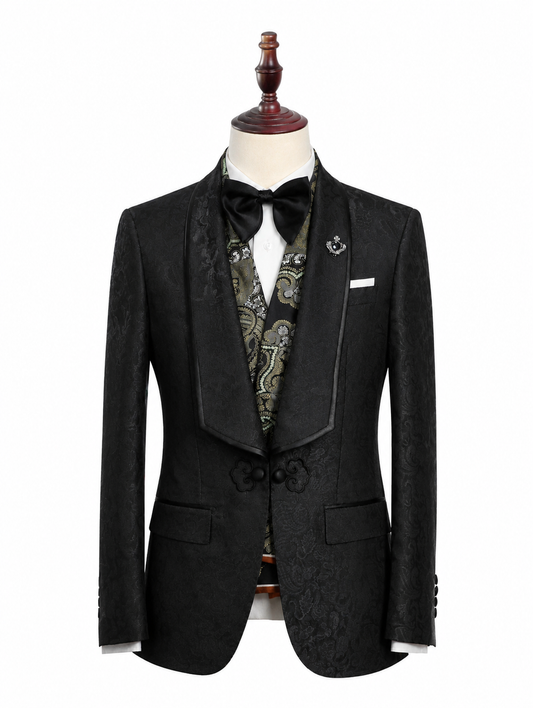 Black Paisley Shawl Lapel Suit with Vest
