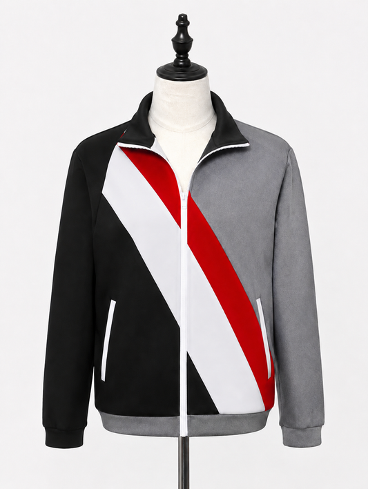 Black Grey Red Color-Block Zip Blazer