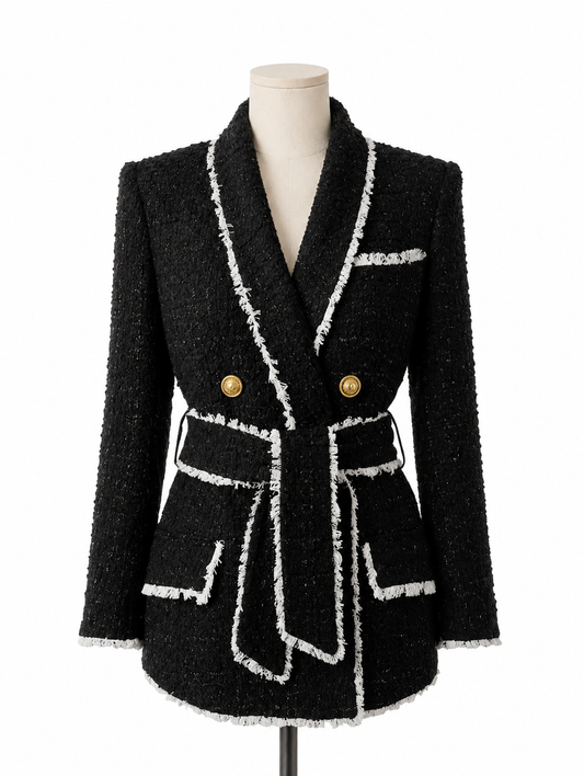 Black Fringe-Trim Tweed Belted Blazer