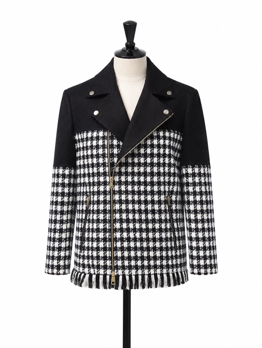 Black White Houndstooth Fringe Biker Blazer