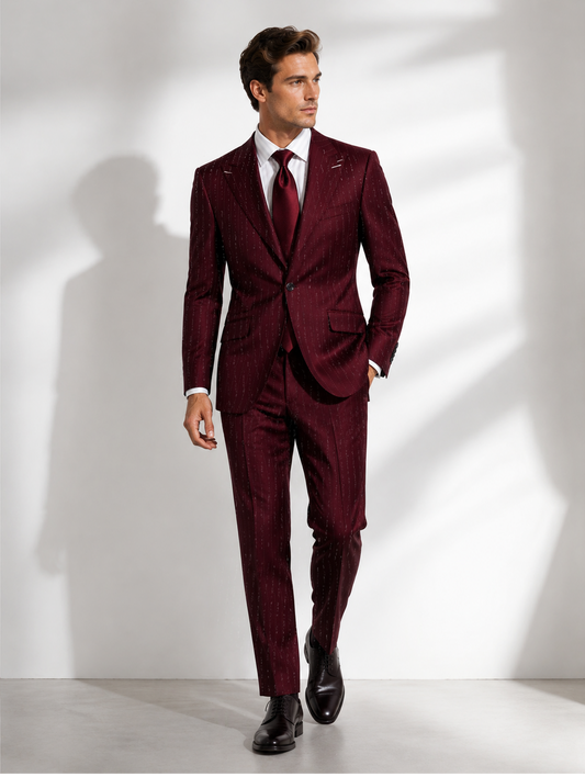 Burgundy Pinstripe Single-Breasted Suit