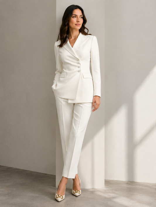 White Four-Button Pleated Suit