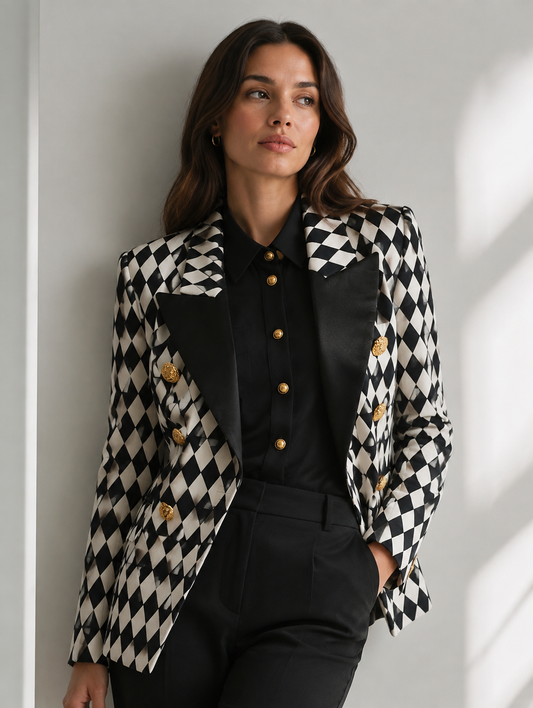 Harlequin Check Double-Breasted Blazer