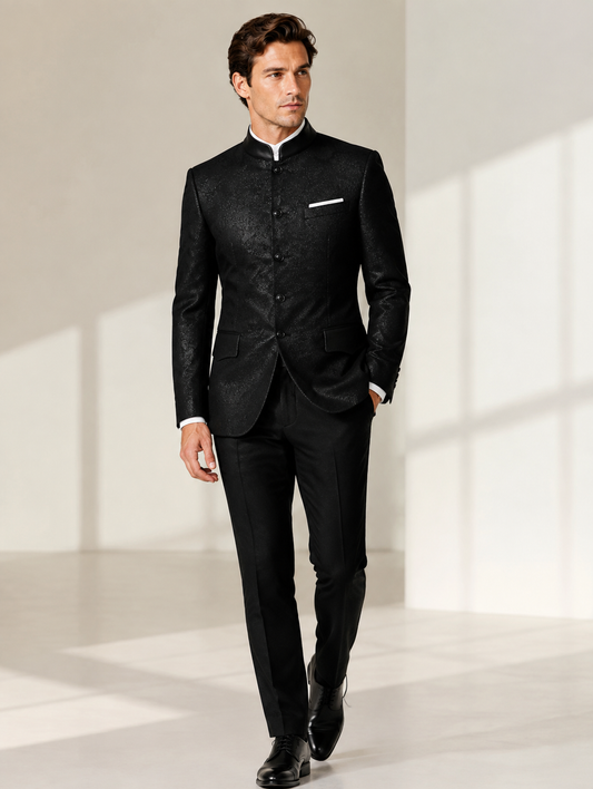 Black Shimmer Mandarin Collar Jacket